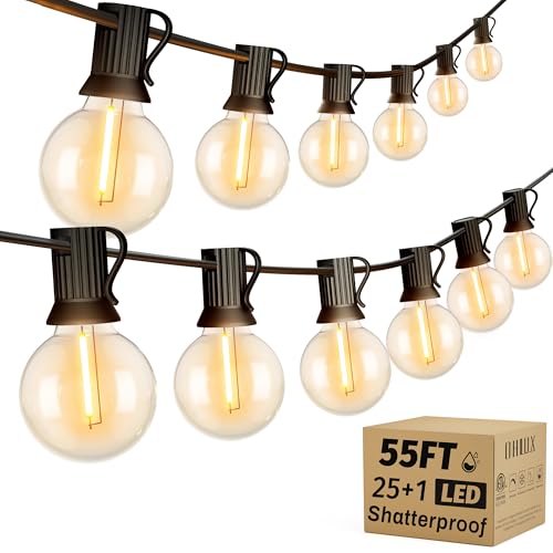 OHLUX Outdoor String Lights, 55FT Shatterproof LED Patio Lights with 26 Dimmable Plastic G40 Bulbs, 2200K Waterproof Connectable Hanging String for Backyard Cafe Porch Deck E12 Base - size: 55FT