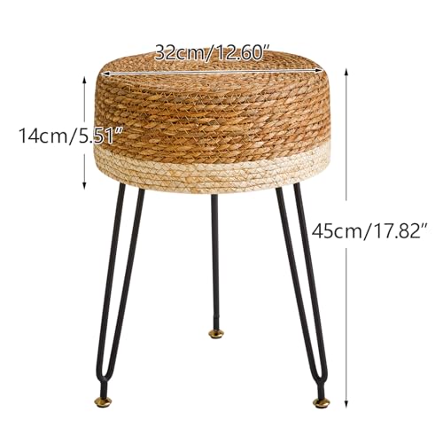 YMYNY Pouf Ottoman, Handmade Natural Water Hyacinth, Pastoral Style Footrest, Footstool with 4 Metal Legs Round Vanity Stool for Bedroom, Hallway, Living Room 12.59"L×12.59"W×17.71"H White UHBD029W - color: White
