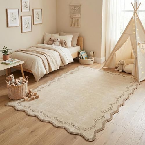 GarveeHome 4x6 Jute Scalloped Washable Area Rug for Nursery Room, Solid Floral Soft Nursery Rug Non Slip Low Pile Small Carpet Stain Resistant Throw Rug for Dorm Kids Room Office Dining Room - color: Jute, size: 4' x 6' (Rectangular)