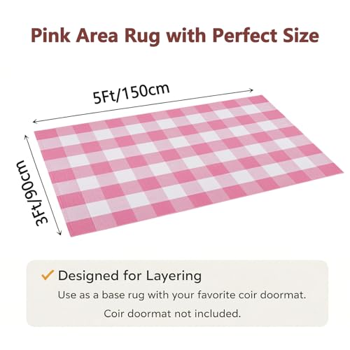 Buffalo Plaid Area Rug, Checkered Rug 3x5 Ft, Pink and White Rug, Washable Cotton Mat for Front Porch, Entryway, Kitchen, Living Room, Home Decor - color: Pink & White, size: 3' x 5' (Rectangular)