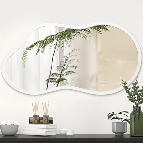 AAZZKANG Small Wall Mirror with Irregular Wood Framed Decorative White Hanging Mirrors for Bedroom Dressing Room Living Room Bathroom Entryway - color: White, size: 18"L x 10"W