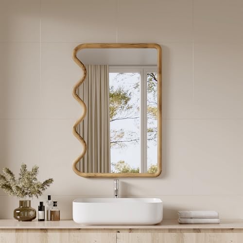 ULIKE Wavy Mirror for Wall, Rustic Wood Mirror for Bathroom Vanity, 24x36 Wooden Wall Mirrors Decorative for Bedroom, Living Room, Entryway, Brown - color: Wavy Rustic Brown