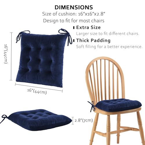 ELFJOY 4 Pack Chair Cushions for Dining Chairs Chair Pads Cushion for Kitchen Office Tufted Square Seat Cushion with Ties (16" Navy Velvet) - color: Navy