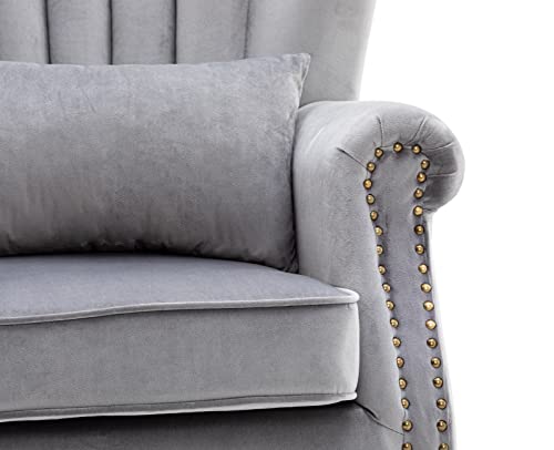 Kmax Grey Accent Chair Velvet Wingback Chair with Pillow Nail-Head Channel Tufted Oversized Club Chair for Living Room Bedroom Guest Room - color: Grey