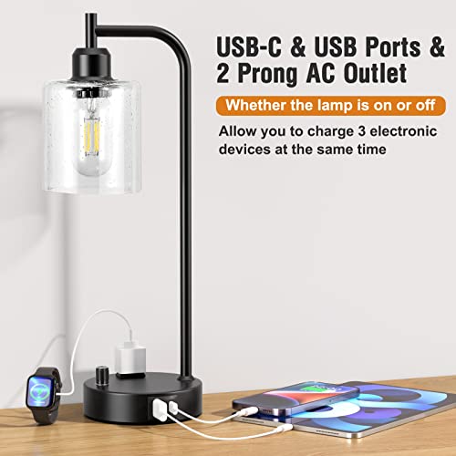 Industrial Table Lamps for Bedrooms Set of 2 - Fully Dimmable Bedside Lamps with USB A and C Ports and Outlet, Black Nightstand Lamps with Glass Shade for Living Room, Desk Lamps for Office Reading - color: Seeded Clear
