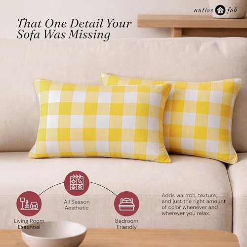 Native Fab Premium Throw Pillow Covers 2 Pack, 12x20 Inches, 100% Cotton, Vibrant Buffalo Plaid, Summer Check Cushion Cases, Bright Farmhouse Accent for Living Room, Outdoor, Lemon Yellow & White - color: Buffalo Lemon Yellow, size: 20" x 12" (Pack of 2)
