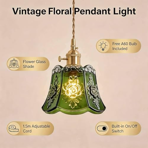 Green Wind Chime Glass Pendant Light, 1 Natural Light Bulb Included, Adjustable Cord with Switch, Hanging Lamp for Kitchen Island/Dining Room - color: Green 1pc Flower Pendant Light