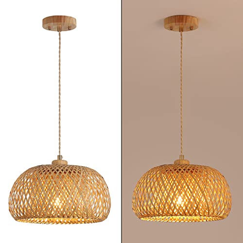 Bamboo Pendant Light Fixture One-Light Adjustable Boho Basket Handmade Woven Pendant Lighting for Kitchen Island Sink Farmhouse Dining Room - color: Natural-3