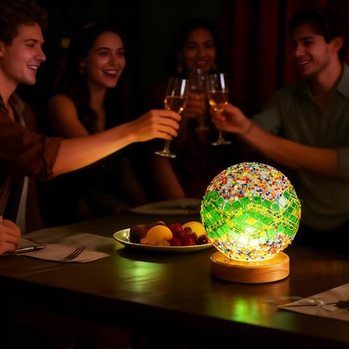 Vintage Mosaic Table Lamp Colorful Turkish Night Light USB Power Spherical Glass Lights for Holiday Party Romantic Date Ethnic Home Furnishings Decor(Baroque A - Green, Baroque) - style: Baroque A Green