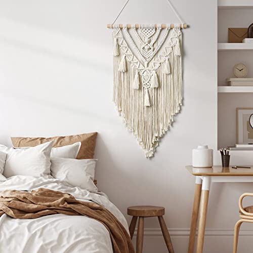 Dremisland Macrame Woven Wall Hanging Boho Geometric Woven Tapestry Beige & Grey Cotton Handmade Bohemian Art Decor with Tassel Craft Ornament for Bedroom Living Room Apartment Nursery (Beige-) - color: Beige-
