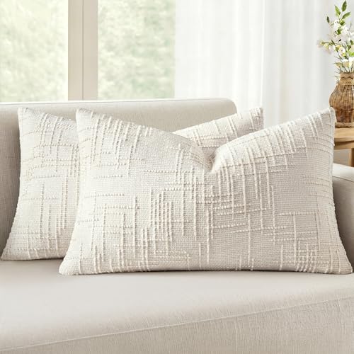 MIULEE Textured Throw Pillow Covers Thick Chenille Decorative Pillows Cream White 12x20 Inch Set of 2 Modern Boho Farmhouse Home Decor Neutral Cushion Covers for Couch Sofa Living Room Bedroom - color: Cream White, size: 20" x 12" (Pack of 2)