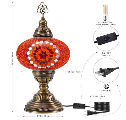 Turkish Lamp, Mosaic Table Lamp, Antique Moroccan Decorative Glass Bohemian Vintage Lamp Shade, Small Desk Tiffany Bedside Stained Glass Lamp with US Plug and E12 Socket - color: Orange Red-6