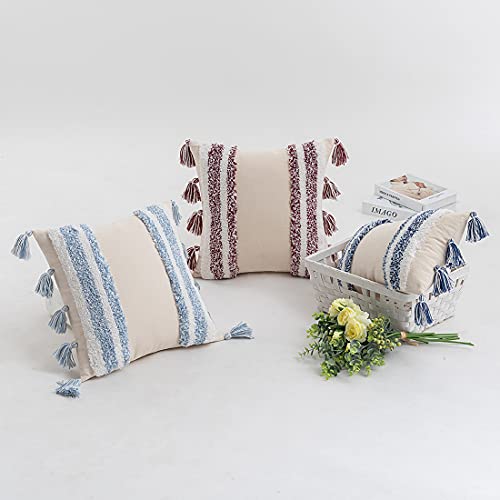 Boho Throw Pillow Cover Tufted Woven Decorative Pillowcase with Tassel Accent Square Farmhouse Stripe Cushion Cover for Sofa Bed Living Room (Wine Red,18x18 Inch) - color: Wine Red, size: 18" x 18" (Pack of 1)
