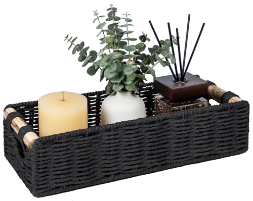 CubesLand Back of Toilet Storage Basket for Organizing w/Cut Out Handle, Handwoven Toilet Tank Top Paper Baskets, Wicker Decorative Basket for Countertop, Home Decor, Living Room, Nursery, Black - color: Black, size: M-14.17" (L) X 6.29" (W) X 3.54" (H)