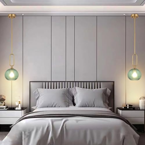 Green Glass Pendant Light Set of 2 Modern Globe Pendant Lighting Nordic Ribbed Gold Ceiling Hanging Chandelier with Brushed Brass Adjustable Rods Dining Room Kitchen Island Light Fixture - color: Gold-Green 2 Pack