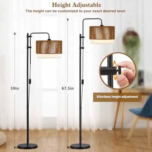 GyroVu Rattan Floor Lamps for Living Room, Farmhouse Boho Arc Standing Lamp, 3 Color Temperatures LED Bulb Included, Handwoven Tall Lamps for Bedroom, Home Office, Corner - color: Black+Rattan