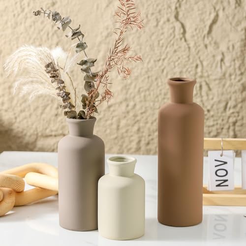 Ceramic Vase Set of 3, Flowers Neutral Modern Vases Home Decor Rustic Farmhouse Decor Pampas Vase for Table Mantel Entryway Shelf Living Room Kitchen Bathroom - Brown - color: 007-brown