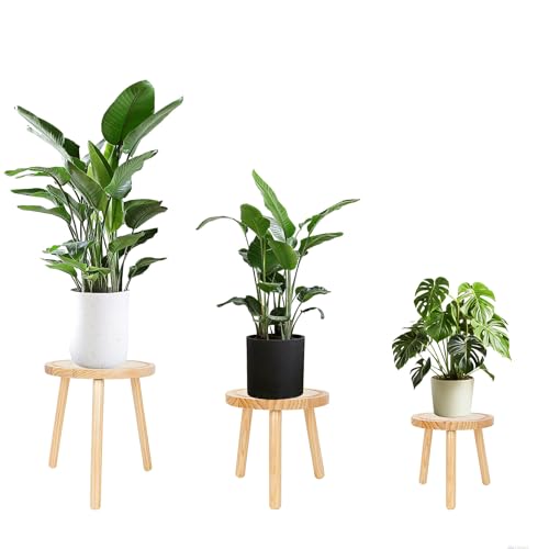 Amdermi 3-Pack Wood Plant Stands Indoor, Single Plant Stand for 6-12 Inch Pots, Mid-Century Modern Plant Stool, Tall Plant Stand for Large Plants for Living Room, Balcony, Office (Light Brown) - color: Light Brown