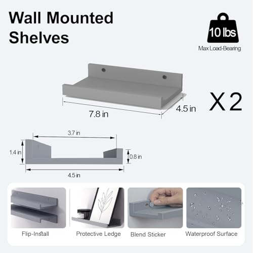 Small Floating Shelves for Wall Decor, Wall Mounted Wood Shelf for Bedroom, Living Room, Bathroom, Kitchen, Nursery, Display Picture Ledge Shelf with Lip Set of 2-8 Inches, Grey - color: Grey, size: 7.8in