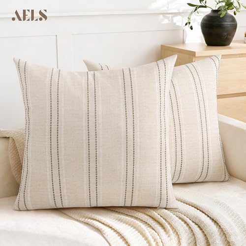 AELS 26x26 Decorative Farmhouse Linen Blend Throw Pillow Covers, Boho Textured Pillow Case, Set of 2, Beige with White & Brown Stitch Yarn Dyed Stripe Cushion Cover for Sofa Living Room (Cover ONLY) - color: Beige With White & Brown, size: 26" x 26" (Pack