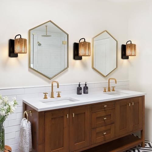 Boho Wall Sconce, Rattan Wall Light Fixtures with Hemp Rope Sconces for Living Room Bathroom Hallway Rustic Bohemian Modern Woven Scocne E26 10inch - color: Woven Rattan Style