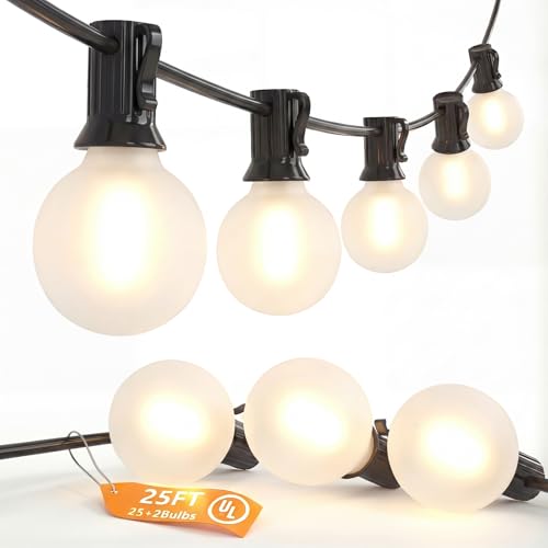 G40 Outdoor Globe Lights, 25FT Globe Christmas Lights with 27 LED Shatterproof Frosted Bulbs (2 Spare), Outdoor String Lights for Party Patio Garden Backyard Bistro Pergola Gazebo Decor, Black Wire - color: Frosted White-Black, size: 25FT