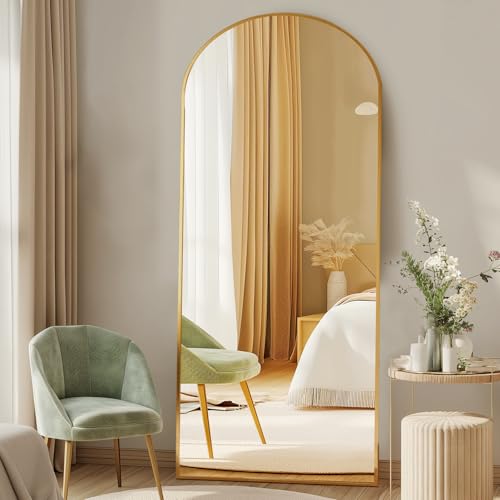 DUMOS 64"x21" Arched Full Length Floor Mirror, Full Body Mirror with Stand, Shatterproof Tempered Glass, Modern Aluminum Alloy Frame, Free Standing or Leaning for Home Decor, Gold - color: Gold-arched, size: 64"L x 21"W