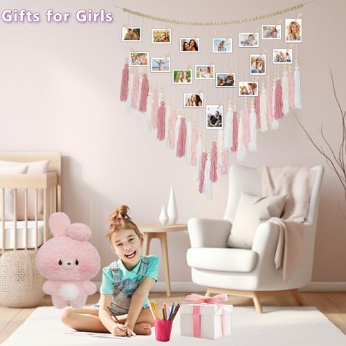 Macrame Hanging Photo Display Wall Decor, Macrame Photo Wall Hanging Boho Room Bedroom Wooden Beads Garland Picture Holder Photo Display Cilp with 30 Clip - color: Blush Pink White