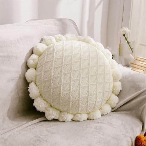 Byitre Bohemian Round Pillow 20 Inch | 100% Cotton Decorative Pillow Hand Tufted with Chunky Textured Poms | Boho Throw Pillow for Bed or Couch | Natural Beige Throw Pillow - color: Lattice Beige