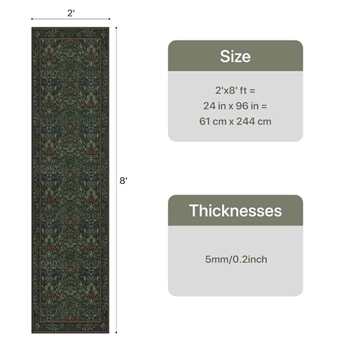 Bavni Boho Floral Kitchen Runner Rug 2x8, Washable Non Slip Thin Carpet for Hallway Bathroom Laundry Room, Ultra Soft Botanical Runner for Entryway, Modern Indoor Floor Decor, Dark Green - color: Dark Green, size: 2' x 8' (Rectangular)