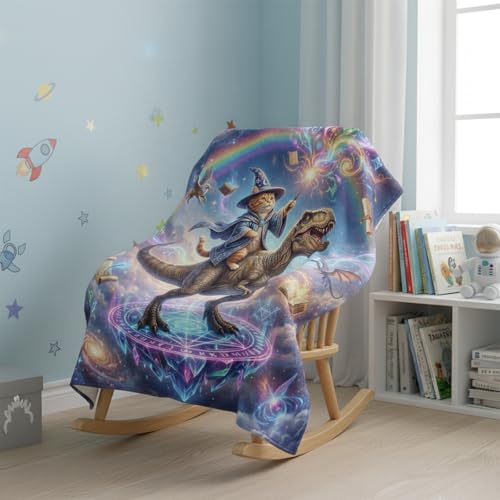 Neasow Funny Cat Witch Dinosaur Throw Blanket, Galaxy Space Rainbow Flannel Fun Blanket, Super Soft for Couch Dorm Sofa Room, Gifts for Kids Teens Boys, 50×60 inch - color: Cat Witch Dinosaur, size: 60"L x 50"W