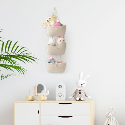 TeoKJ Over the Door Hanging Baskets with Button Strap, 3-Tier Woven Cotton Storage Organizer Bag, Wall-Mounted with Hook Decorative Hanging Kitchen Baskets - White - color: White, style: 3 tier+Button