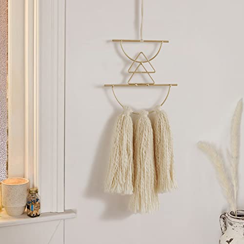 IOWER Boho Wall Decor Macrame Wall Hanging Small Metal Wall Art Cute Wall Decor For Living Room Bedroom(Ivory, 13"Lx4.7"w) - color: Beige