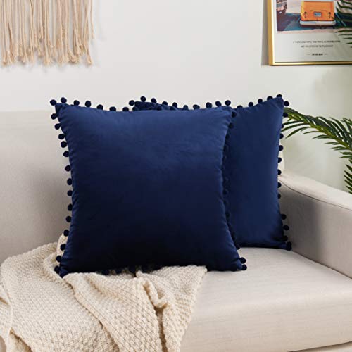 Elegant Comfort POM-POMS Fringe Velvet Cushion Covers Set of 2, Velvet Soft Solid Decorative Square Throw Pillow Covers Set Cushion Case for Couch Bed, Livingroom 18 x 18 Inch (45 x 45 cm), Navy Blue - color: Navy Blue, size: 18" x 18" (Pack of 2)