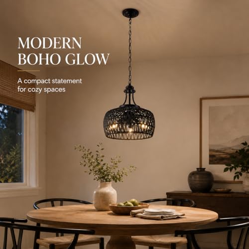Farmhouse Chandeliers for Dining Room, 3-Light Rustic Ceiling Fixture with Twine Making Lampshade, Adjustable Height Chandelier for Bedroom, Kitchen, Bedroom (Balck) - color: Black, size: 3-Lights 12.6 in