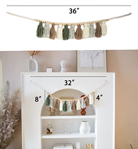 Tassel Garland - Boho Tassel Garland with Wood Beads - Wall Decor for Dorm, Girls Room and Nursery Room - Olive Green (36 inch) - size: 36 inch