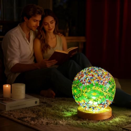 Vintage Mosaic Table Lamp Colorful Turkish Night Light USB Power Spherical Glass Lights for Holiday Party Romantic Date Ethnic Home Furnishings Decor(Baroque A - Green, Baroque) - style: Baroque A Green