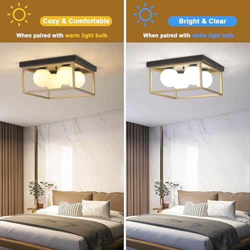Flush Mount Ceiling Light, 12.6” Close to Ceiling Light Fixtures with Globe Glass Shade, 4-Light Black and Gold Light Fixture for Living Room Dining Room Bedroom Kitchen Hallway Entryway - color: Black and Gold