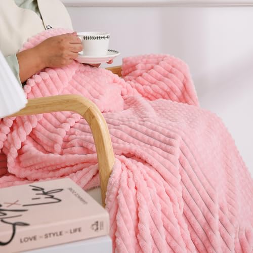 Puncuntex Light Pink Flannel Fleece Throw Blanket 50"×60",Soft Plush Cozy Valentines Blankets,Birthday Gifts for Mom,Women,Mothers Day with Square Grid Design for Couch Sofa Chair - color: Light Pink, size: 50"×60"