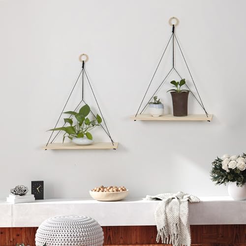 HVEST Macrame Wall Hanging Shelf Set of 2, Black Geometric Macrame Wall Art Wooden Floating Hanging Shelf Black Woven Decor Plant Hanger Handmade Woven Tapestry for Bedroom Living Room Home Decor - color: Black Beige