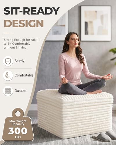 23.6in Pouf Ottoman, Corduroy Ottoman Foot Rest with Dual‑Layer Support, Large Poofy Pouf with Soft Chunk‑Foam Top & Firm Foam Base, Floor Foot Stool for Living Room, Beige - color: Beige