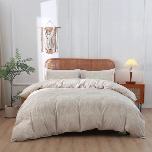 Duvet Cover Queen Size, 3PCS Boho Duvet Cover Set, Geometric Pattern Tufted Bohemian Comforter Cover Jacquard Knit Textured Bedding Set with Zipper Closure - color: Light Kahki, size: Queen