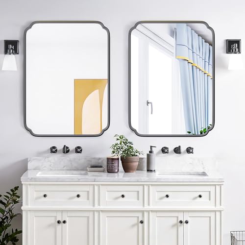 Ferytange 28"x36" Black Bathroom Mirror with Rustproof Metal Frame, Modern Rounded Corner Wall Mirror for Vanity Over Sink, Horizontal/Vertical Hanging - color: Black, size: 36"L x 28"W