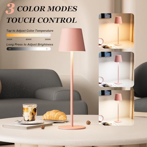 Kakanuo Cordless Table Lamp Rechargeable Pink - KK 2 Pack 5000mAH Battery Operated Lamp for Counter, 3 Color Stepless Dimming Wireless Lamp for Dining Kitchen, Outdoor Patio, Touch Control - color: Pink, size: 2 Pack 14in - Down Light