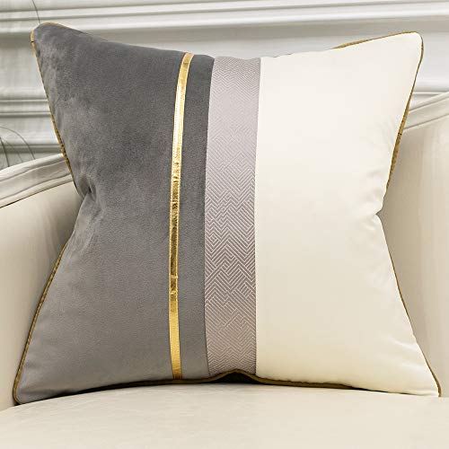 Avigers 18 x 18 Inches Gray White Gold Leather Striped Patchwork Velvet Cushion Case Luxury Modern Throw Pillow Cover Decorative Pillow for Couch Living Room Bedroom Car - color: Gray, size: 18" x 18" (Pack of 1)