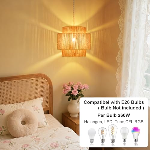 Vinaco Boho Hanging Light Plug in with Rotary Switch, Hand-Woven Dimmable Switch Swag Lamp, 3-Tier Wicker Swag Lights with Plug in Cord 15.4ft, Rattan Wicker Pendant Lights Living Room Corridor Foyer - size: 3 tier HL-8