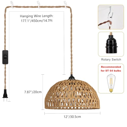 Boho Pendant Light Plug in: Rattan Hanging Lamp with 14.7ft Plug in Cord, Adjustable Height Hand Woven Hanging Light Fixture for Living Room, Bedroom, Dining Room, Kitchen, E26 No Bulb