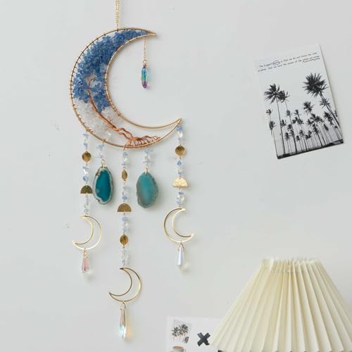 Agate Moon Dream Catchers with Crystal 7 Chakra Gemstone Dream Catchers Color Natural Gem Agate Wall Hangings Room Garden Dreamcatchers Decor (Blue) - color: Blue
