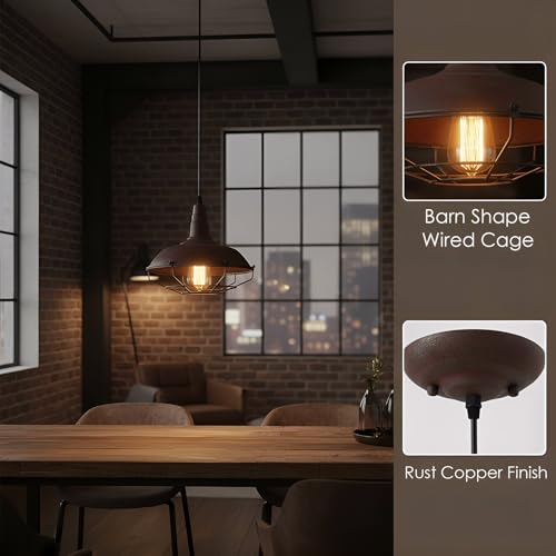 DAYCENT Barn Style Pendant Light Farmhouse Caged Pendant Lighting Industrial Metal Wire Hanging Pendant Light Barn Pendant Light Fixtures for Kitchen Island Hallway Foyer, Rust Finish - color: Hard-wired