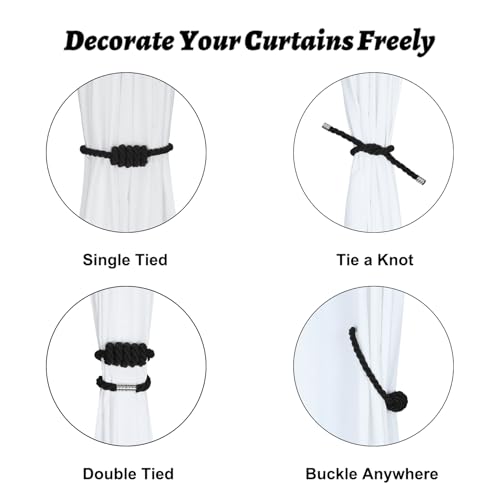 BEL AVENIR Magnetic Cotton Curtain Tiebacks, Decorative Drapery Holdbacks Modern Woven Tie-Backs with Exquisite Knot (Black Cotton, 2 Pack) - color: Black Cotton, size: 2 Pack